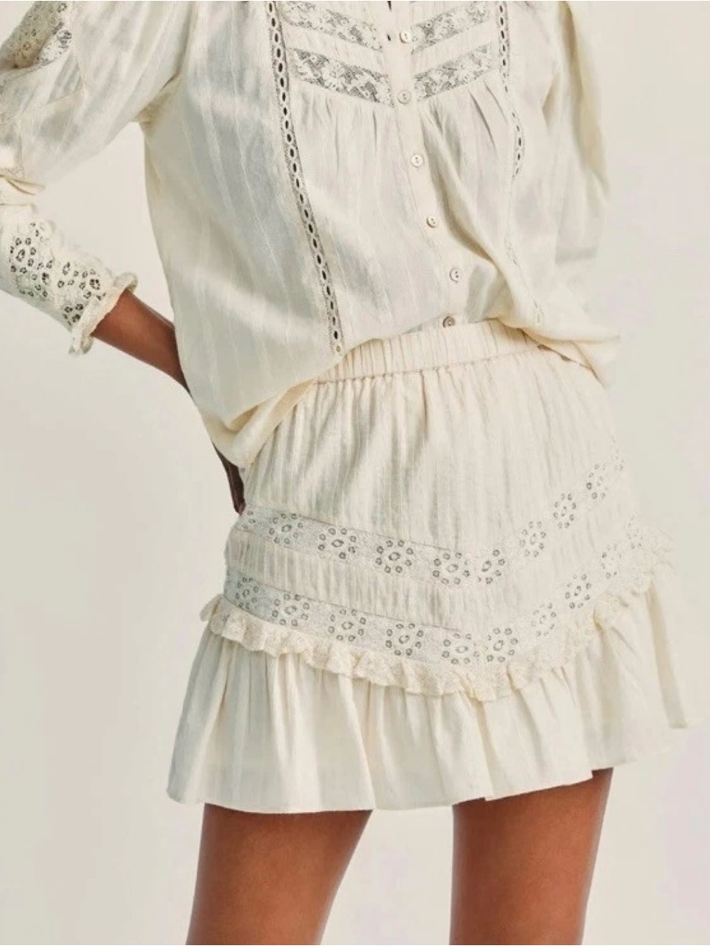LoveShackFancy Cove Lace Eyelets Cotton Mini Skirt Ivory XS